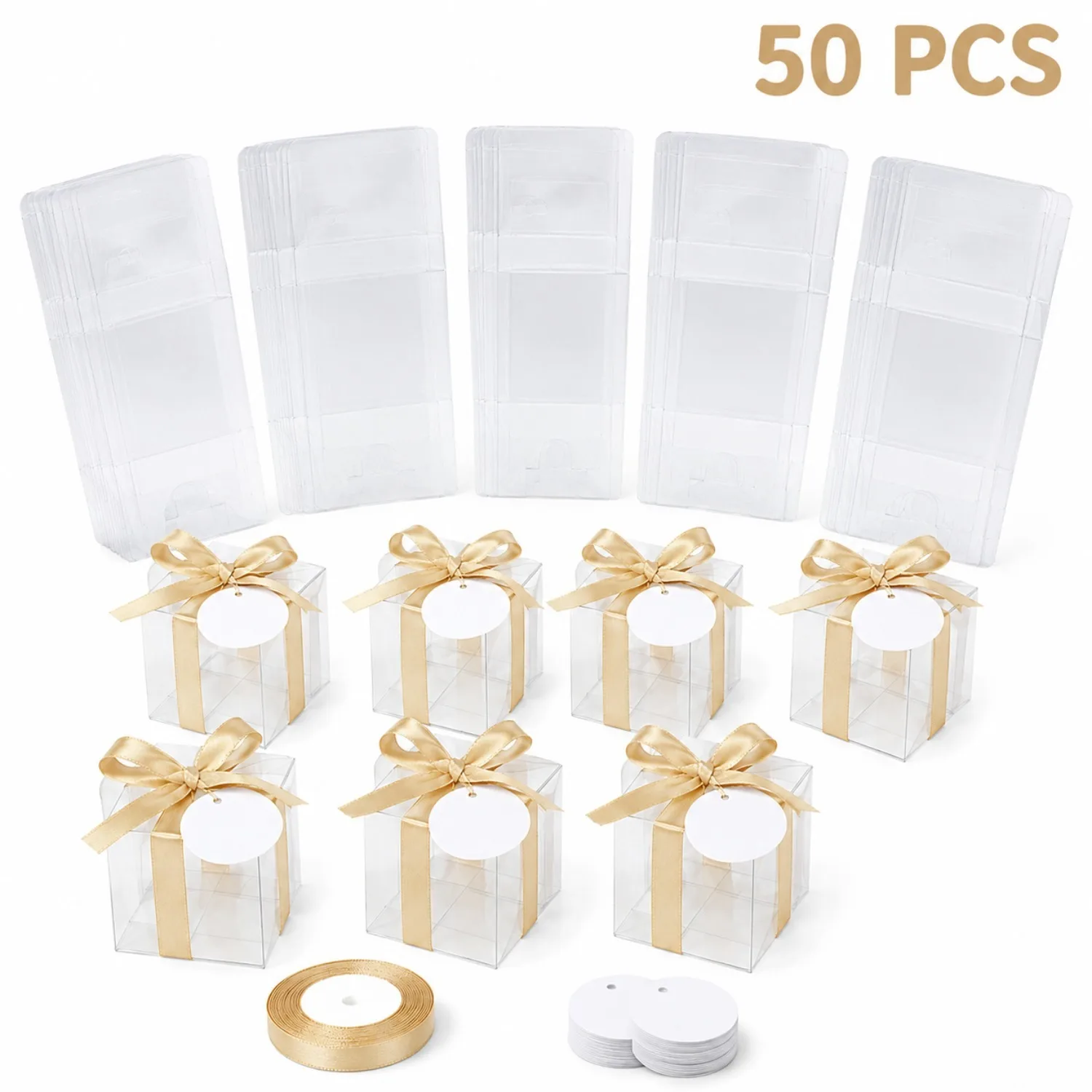 Event Party Box - 금색 와이어와 라벨이 부착된 투명 선물