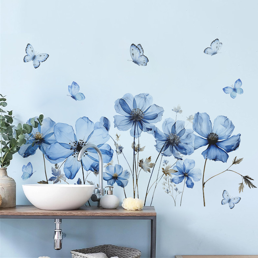 Flower Wall Panel - 신선한 파란 나비와 꽃 벽 스티커,