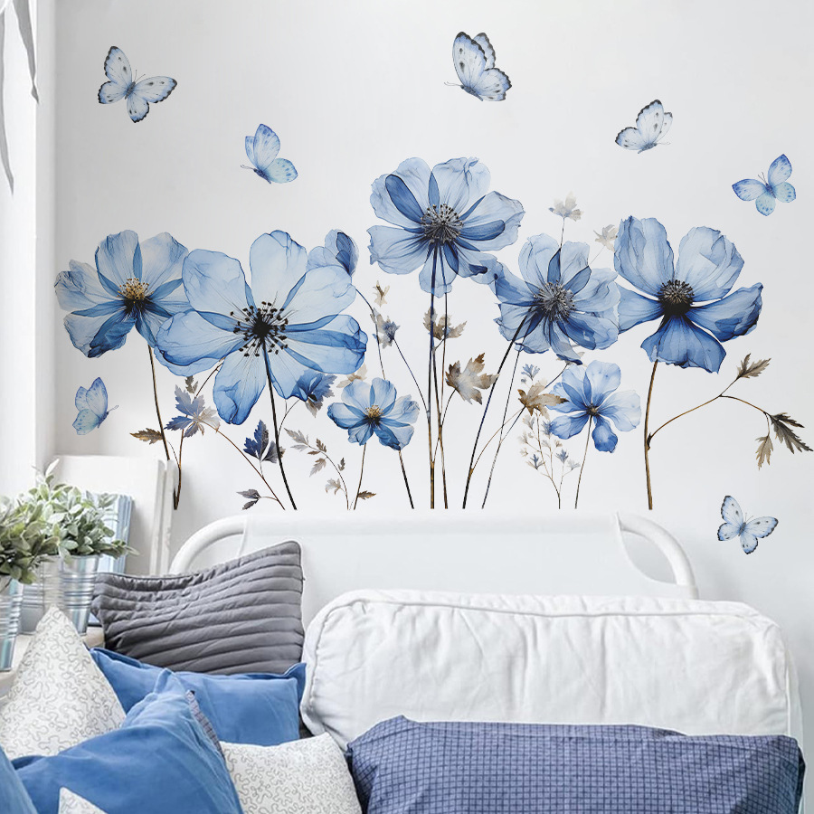신선한 파란 나비와 꽃 벽 스티커, 침실, 거실, 현관 - Flower Wall Panel 리뷰 및 가격